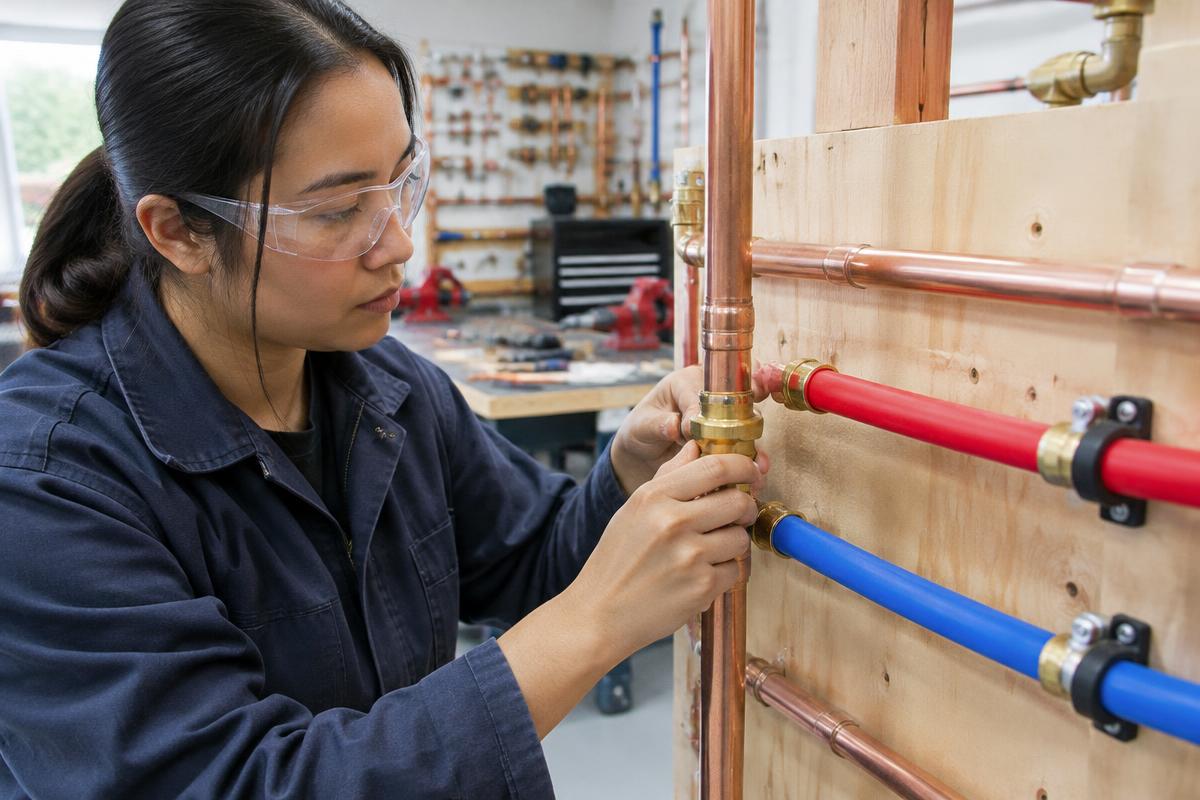 Student fitting copper and PEX pipe on a practice board